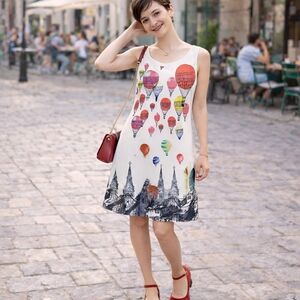 Lightweight Hot Air Balloon Print Dress – Sleeveless A-Line – Size M
